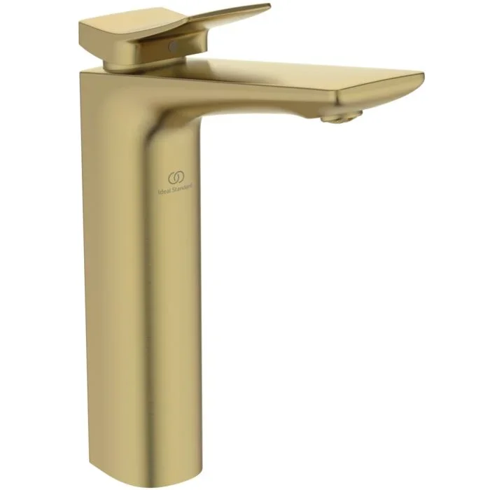 Ideal Standard Conca Waschtischarmatur BC757A2 mit verlängertem Sockel und Ablaufgarnitur, Ausladung 150mm, Brushed Gold