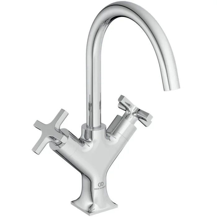 Ideal Standard Joy Neo Waschtisch-Zweigriff-Armatur BD151AA Kreuzgriffe, Ausladung 169mm, mit Metall-Ablaufgarnitur, chrom