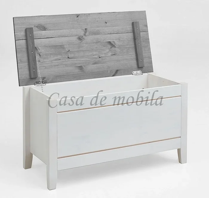 Massivholz Wäschetruhe Klein 86x47x38cm EVA Kiefer massiv weiß lackiert / grau lackiert
