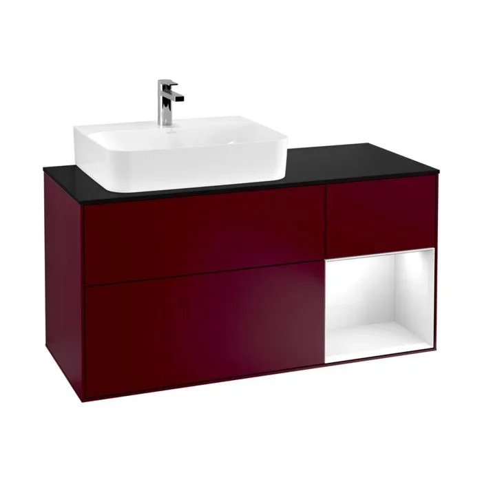 Villeroy und Boch Finion Waschtischunterschrank F152GFHB 120cm, Abdeckplatte black matt, Regal rechts Glossy white lacquer, Peony Matt
