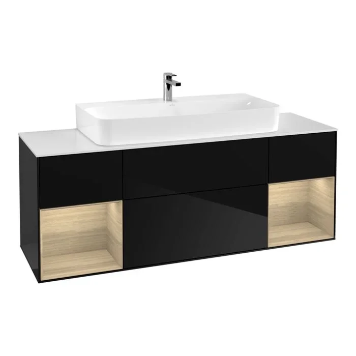 Villeroy und Boch Finion Waschtischunterschrank F211PCPH 160cm, Abdeckplatte white matt, Regale Oak Veneer, Glossy Black Lacquer