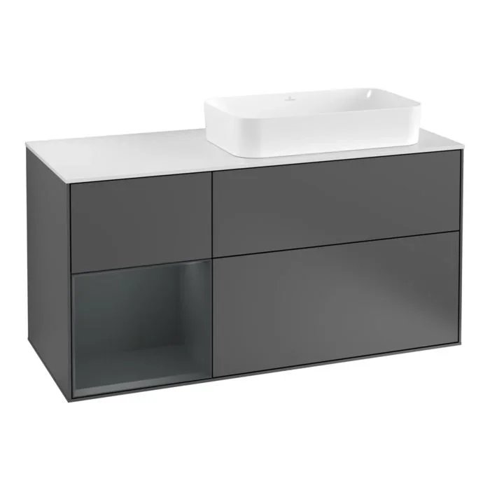 Villeroy und Boch Finion Waschtischunterschrank F271HGGK 120cm, Abdeckplatte white matt, Regal links Midnight Blue Matt Lacquer, Anthracite matt