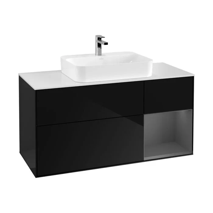 Villeroy und Boch Finion Waschtischunterschrank F421GKPH 120cm, Abdeckplatte white matt, Regal rechts Anthracite matt, Glossy Black Lacquer