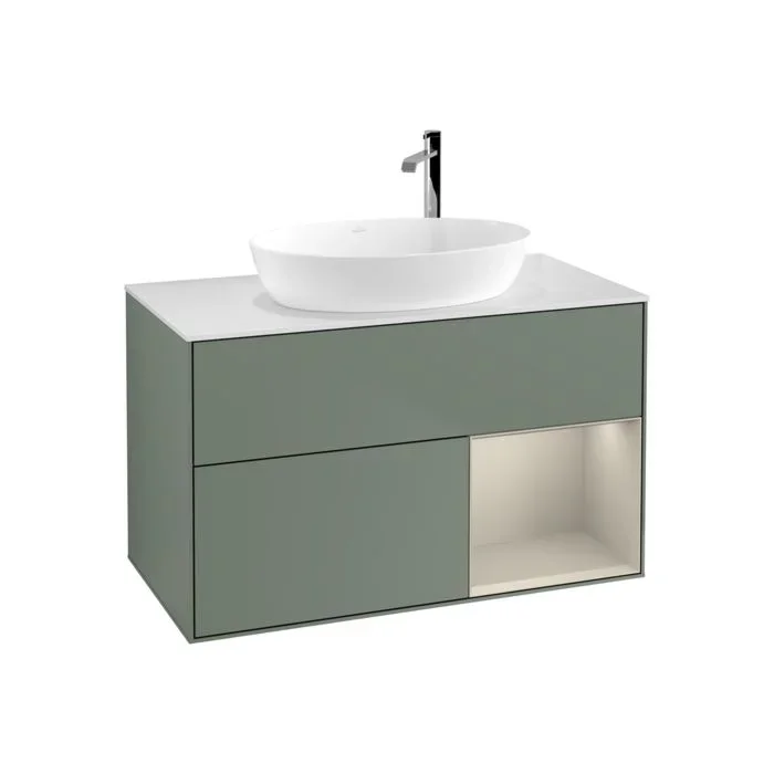 Villeroy und Boch Finion Waschtischunterschrank F901HHGM 100cm, Abdeckplatte white matt, Regale sand matt lacquer, Olive Matt Lacquer