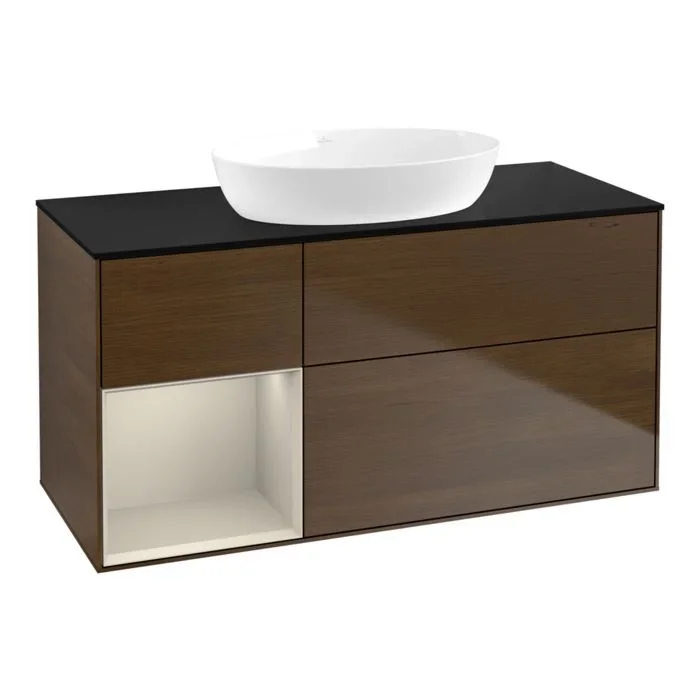 Villeroy und Boch Finion Waschtischunterschrank FA62HHGN 120cm, Abdeckplatte black matt, Regale sand matt lacquer, Walnut veneer